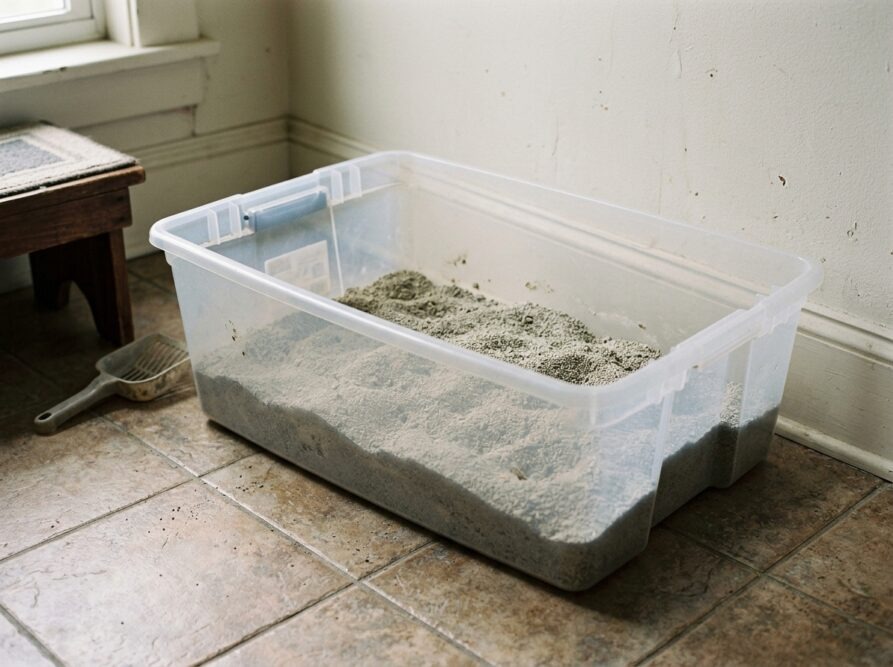 Eine große, transparente Aufbewahrungsbox aus Kunststoff, die als Katzenklo genutzt wird.