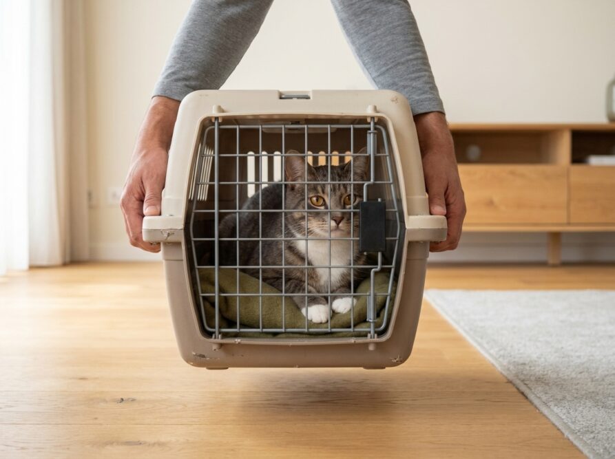 Geschlossene Transportbox mit Katze wird wenige Zentimeter über dem Boden gehalten.