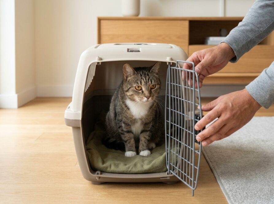 Getigerte Katze sitzt in der Transportbox, während die Tür vorsichtig geschlossen wird.