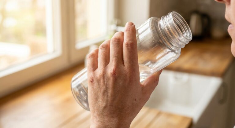 Eine erwachsene Hand hält eine Trinkflasche aus Kunststoff und blickt prüfend in die Öffnung, um mögliche Geruchsquellen zu identifizieren.