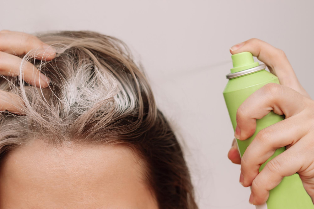 Eine Person sprüht Trockenshampoo direkt auf ihren Haaransatz, wobei der weiße Sprühnebel des Produkts auf den Haaren sichtbar ist. Das Bild illustriert die Anwendung von Trockenshampoo.