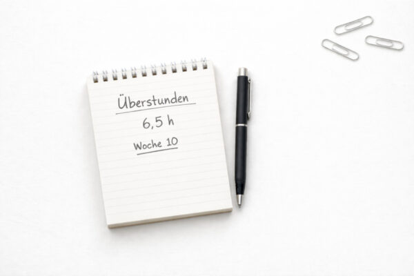 Notizblock mit Eintrag „Überstunden 6,5 h, Woche 10“, daneben ein schwarzer Stift und kleine Büroklammern auf hellem Schreibtisch