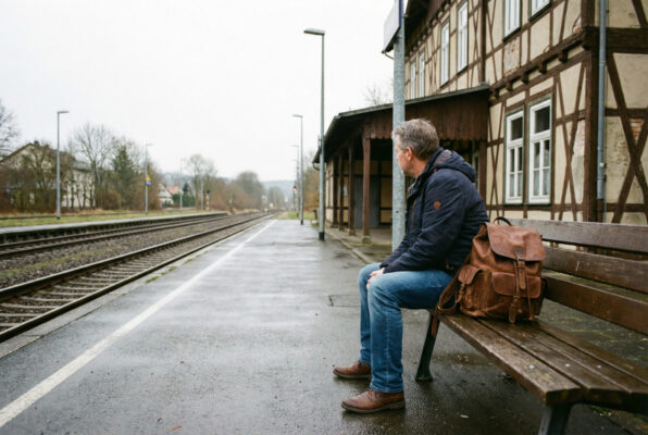 Mann sitzt mit Rucksack auf einer Bank am leeren Bahnsteig und wartet auf den Zug