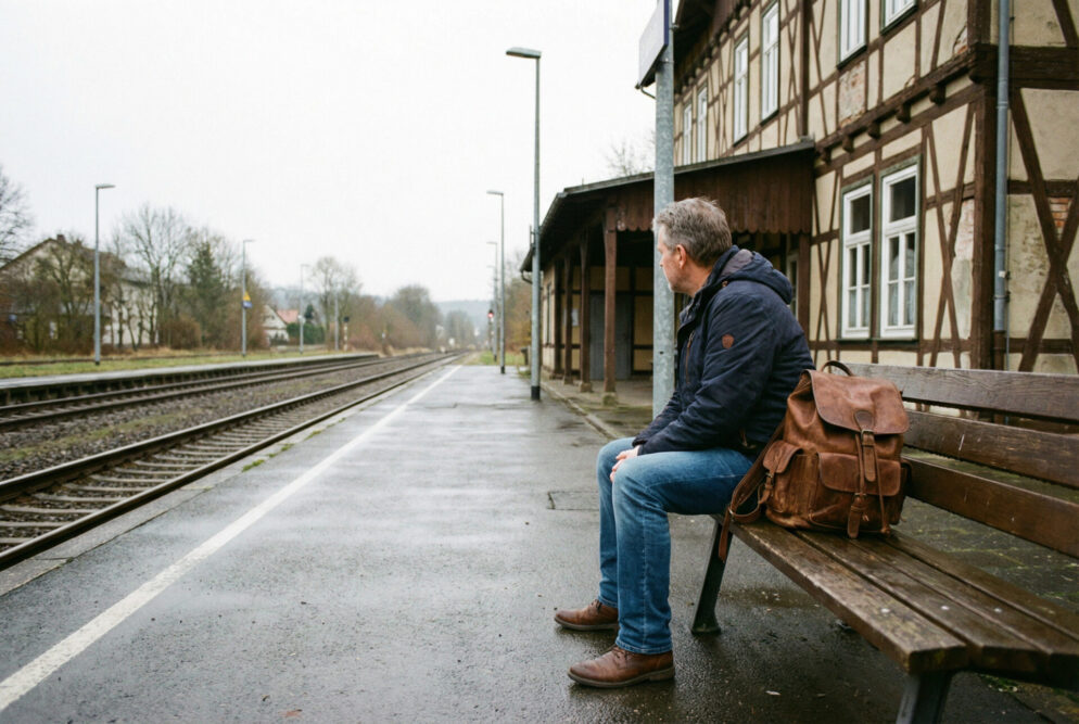 Mann sitzt mit Rucksack auf einer Bank am leeren Bahnsteig und wartet auf den Zug
