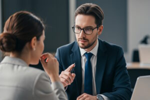 Ein Mann im Anzug mit Brille sitzt an einem Schreibtisch und spricht ernst mit einer Kollegin, die ihm aufmerksam zuhört – eine Szene zum Umgang mit schwierigen Kollegen.