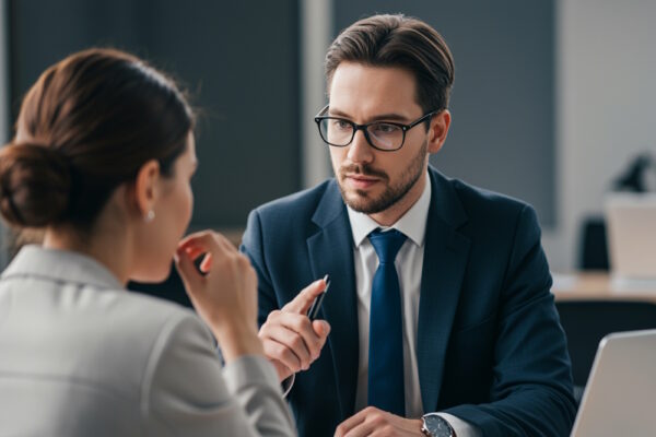 Ein Mann im Anzug mit Brille sitzt an einem Schreibtisch und spricht ernst mit einer Kollegin, die ihm aufmerksam zuhört – eine Szene zum Umgang mit schwierigen Kollegen.