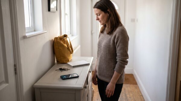 Person schaut im Flur auf ein klingelndes Smartphone mit unlesbarem Anrufbildschirm