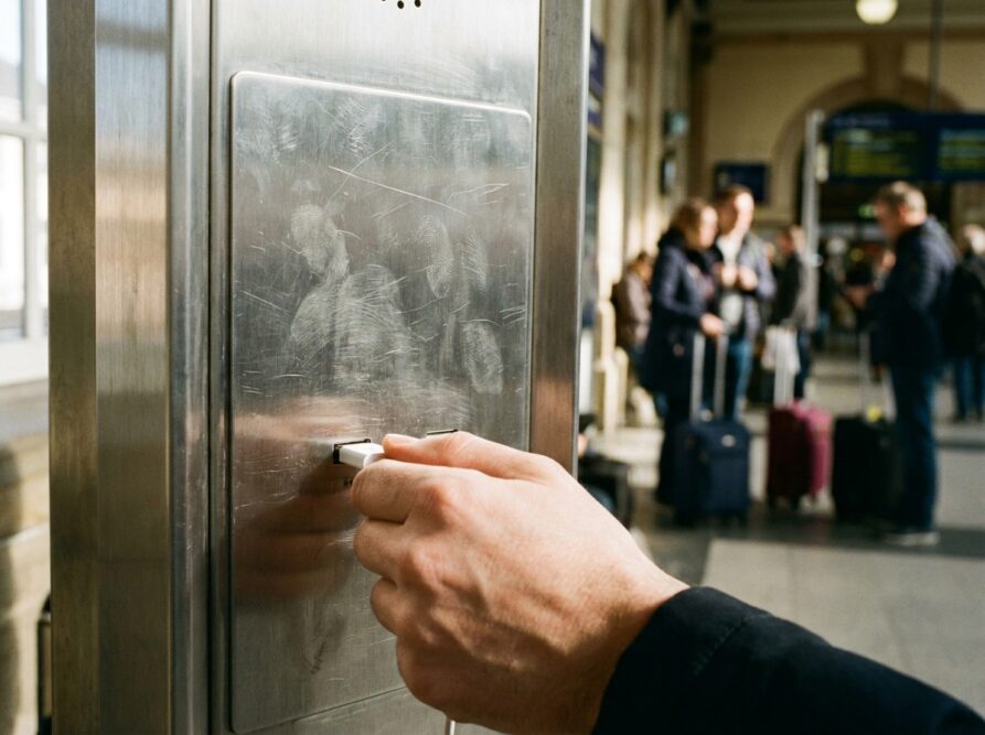 Hand steckt ein Ladekabel in eine öffentliche USB-Ladestation am Bahnhof