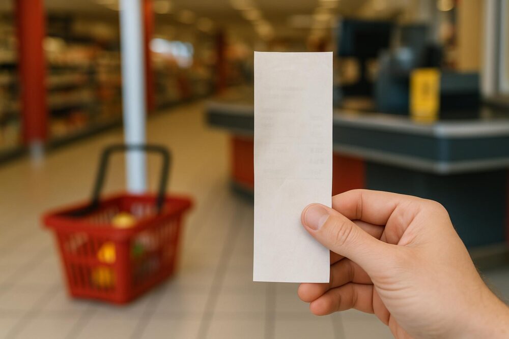 Eine Hand hält einen verblassten Pfandbon im Eingangsbereich eines Supermarkts.
