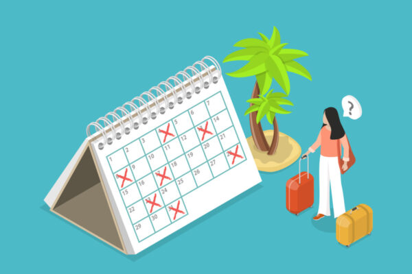 Illustration zum Thema verfallen Urlaubstage aus dem Vorjahr: Kalender mit markierten Urlaubstagen, kleine Insel mit Palmen und Frau mit Koffern