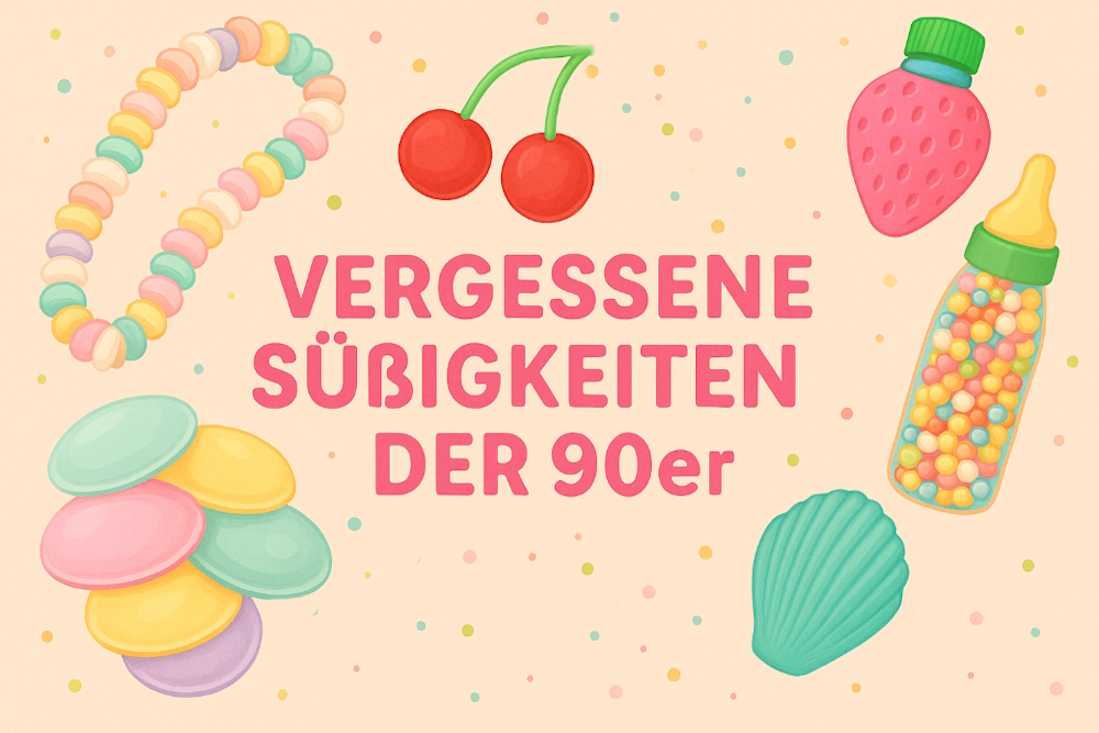 Bunte Illustration mit Retro-Süßigkeiten aus den 90ern, darunter essbare Ketten, Kirschlutscher, Brause-Ufos, eine Bonbon-Babyflasche, eine Erdbeerflasche und eine Muschel aus Zucker. In der Mitte steht: „Vergessene Süßigkeiten der 90er“.