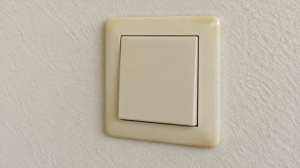 Leicht vergilbter Kunststoff-Lichtschalter an einer hellen Wand