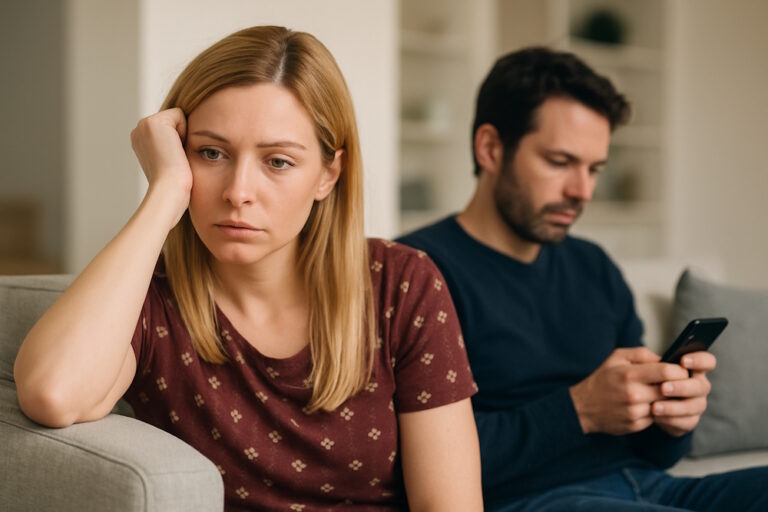 Nachdenkliche Frau sitzt auf Sofa, Mann im Hintergrund schaut aufs Handy