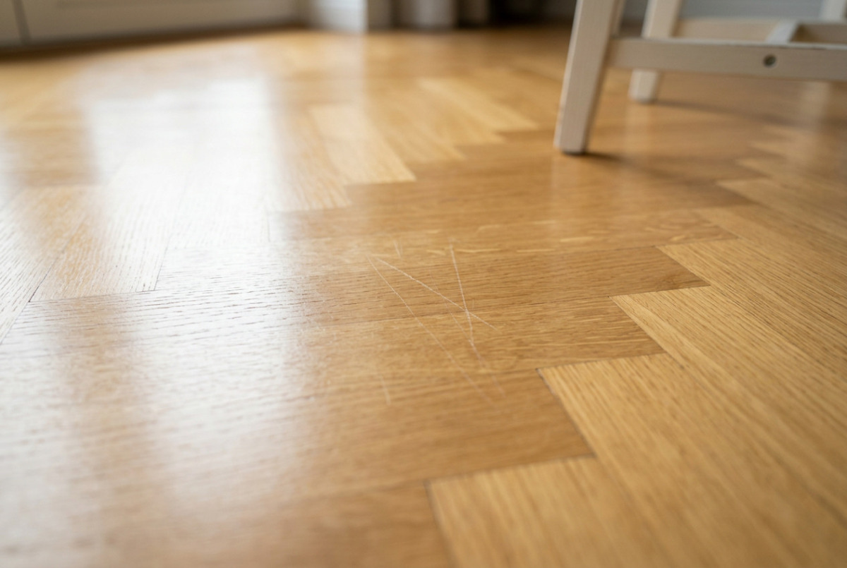 Versiegeltes Parkett reparieren: Nahaufnahme von feinen Kratzern auf einem Holz- oder Parkettboden.