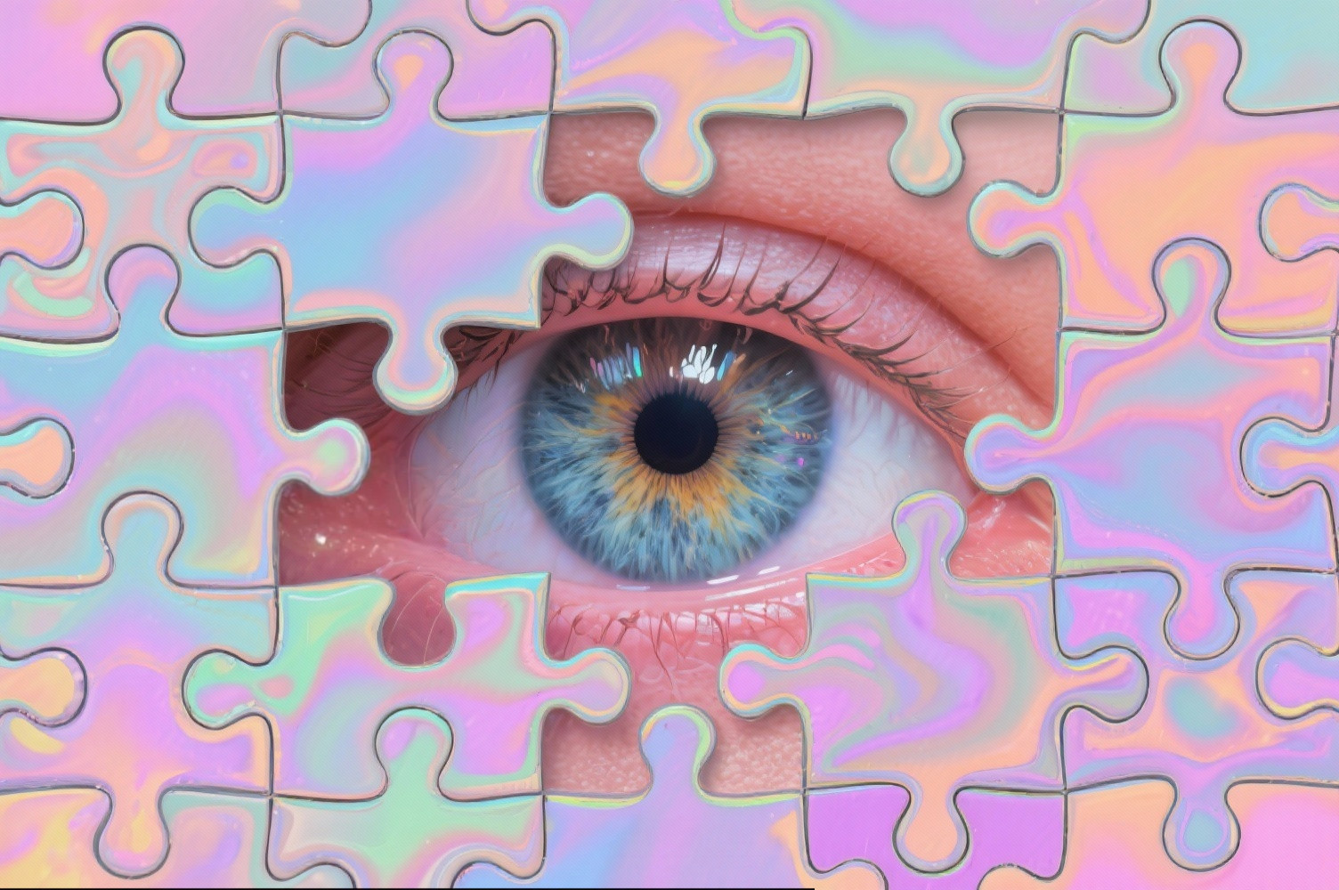 Irisierendem Puzzle und fehlenden Teilen, die ein blaues Auge freilegen - Symbol dafür, dass unser Gehirn Bilder zusammensetzt (Wahrnehmung, optische Täuschung).