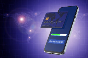 Virtuelle Kreditkarte für Abonnements: Smartphone mit Kartendaten und „Online Payment“-Anzeige vor Weltkarte, digitale Zahlung, illustriert.