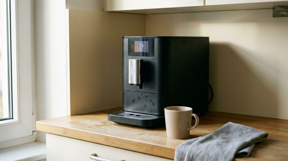 Mattschwarzer Kaffeevollautomat mit noch leuchtendem Display neben einer leeren Keramiktasse