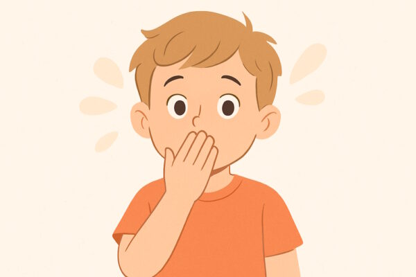 Junge im Cartoon-Stil hält erschrocken die Hand vor den Mund.