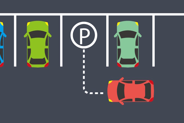 Illustration eines roten Autos, das vorwärts in eine Parklücke zwischen zwei stehenden Fahrzeugen einparkt – mit gestrichelter Linie zur Verdeutlichung der Einparkrichtung.