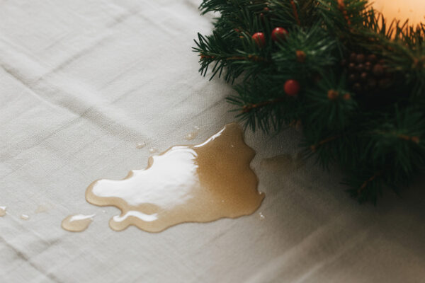 Wachsfleck auf heller Weihnachtstischdecke direkt unter einem Adventskranz aus Tannengrün
