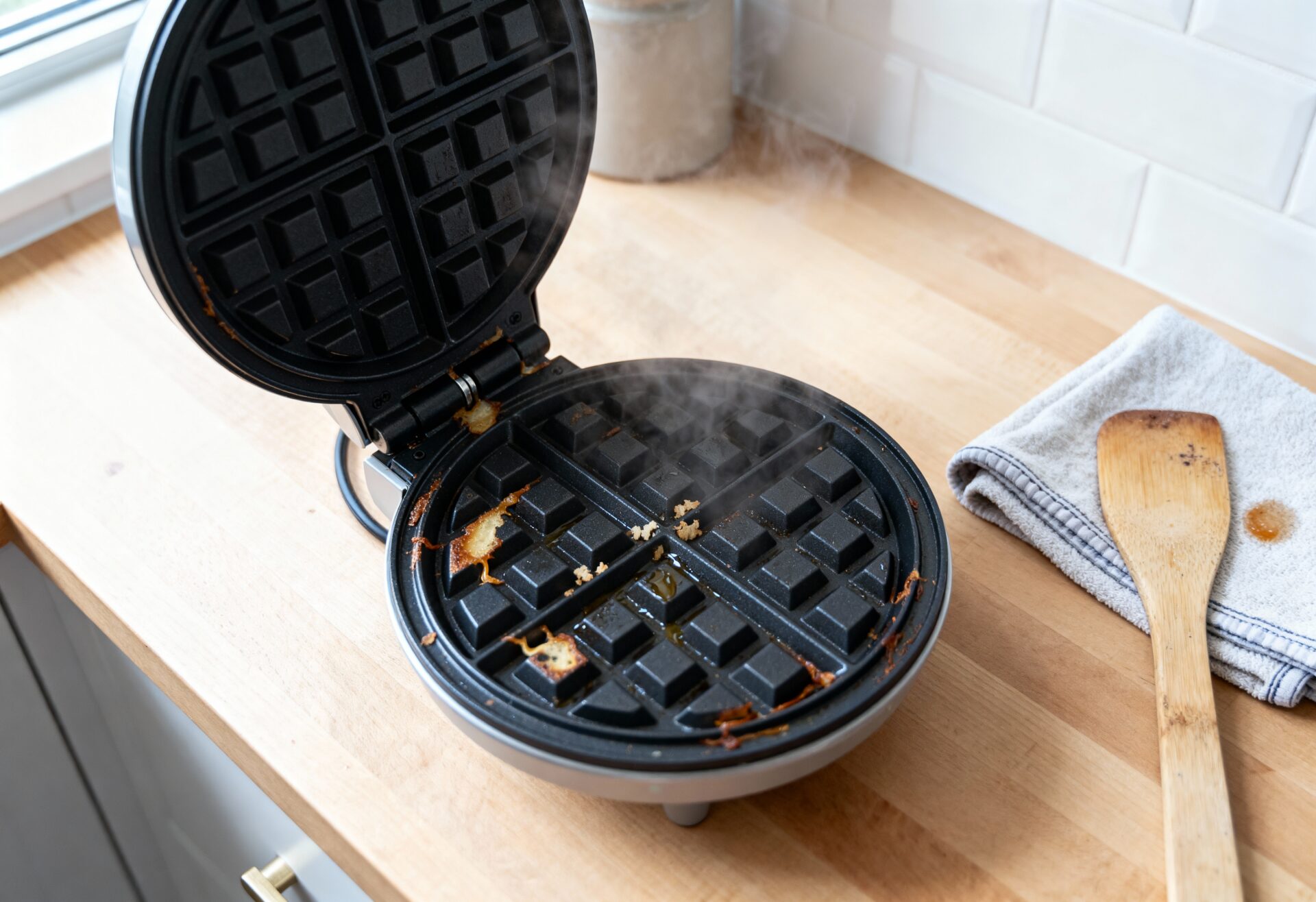 Rundes Waffeleisen mit leichten eingebrannten Teigresten, noch dampfend; daneben Mikrofasertuch und Holzspatel - Waffeleisen reinigen im warmen Zustand.