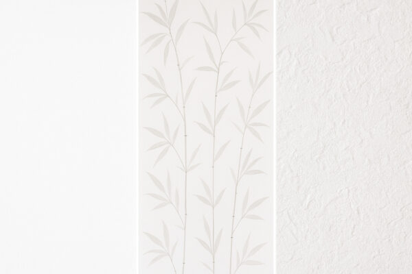 Vergleichsbild in drei Teilen: links eine glatte, weiß gestrichene Wand, in der Mitte eine moderne Tapete mit Bambusmuster, rechts strukturierter Putz in natürlicher Optik.