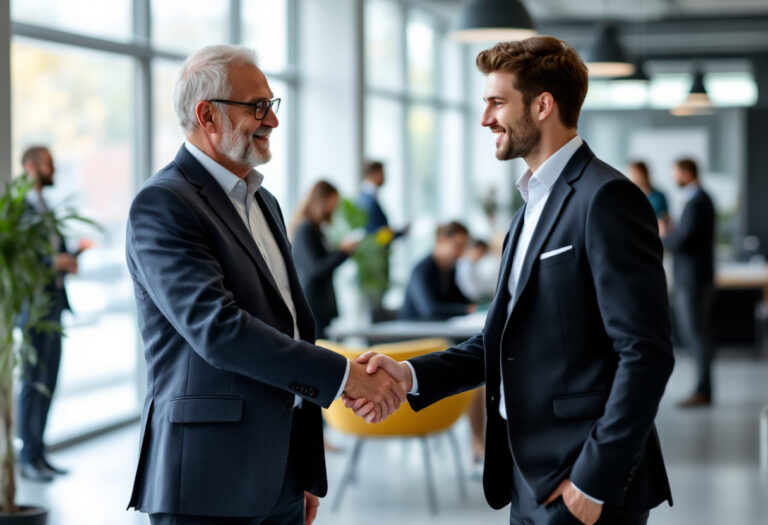 Zwei Männer im Anzug schütteln sich die Hände in einem modernen Büro – symbolisiert formelle Begrüßung und die Frage, wann man siezen oder duzen sollte.