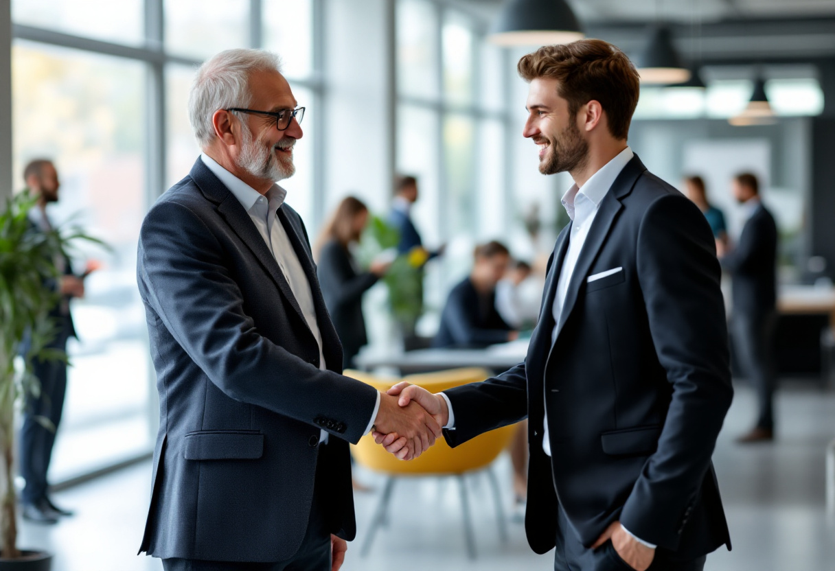 Zwei Männer im Anzug schütteln sich die Hände in einem modernen Büro – symbolisiert formelle Begrüßung und die Frage, wann man siezen oder duzen sollte.