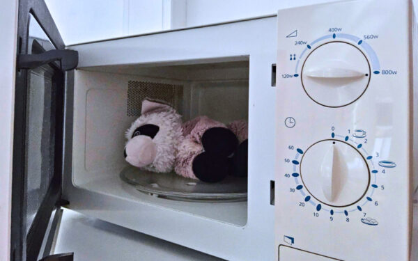 Warmies-Waschbär liegt in der offenen Mikrowelle auf dem Drehteller.