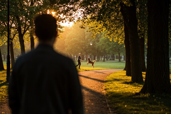 Person geht angespannt durch den Park, während in der Ferne ein Hund mit seinem Besitzer Frisbee spielt – symbolisiert Angst vor Hunden und Unsicherheit in Hundebegegnungen.