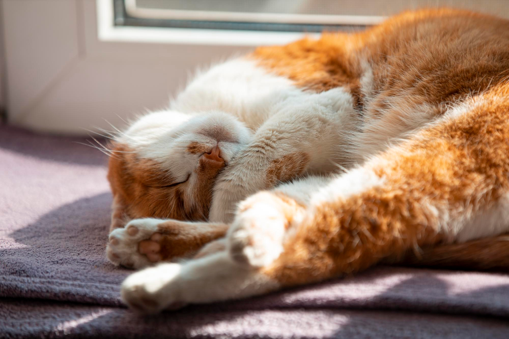 Eine Katze schläft zusammengerollt auf einem lila Handtuch, während Sonnenlicht durch ein Fenster fällt.