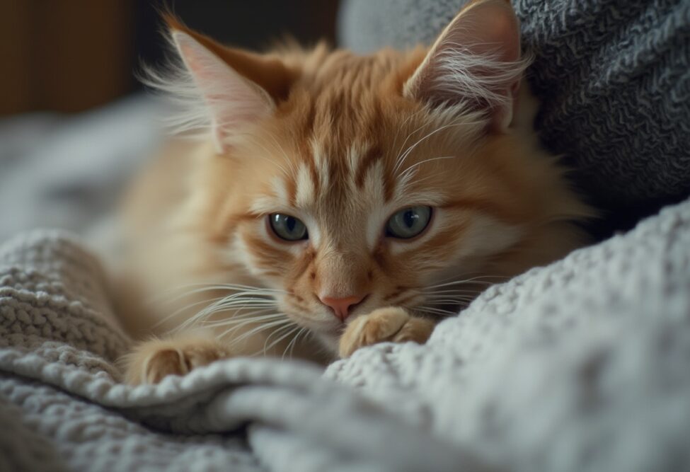 Orange-getigerte Schnurrende Katze, die sich in eine Decke eingemummelt hat