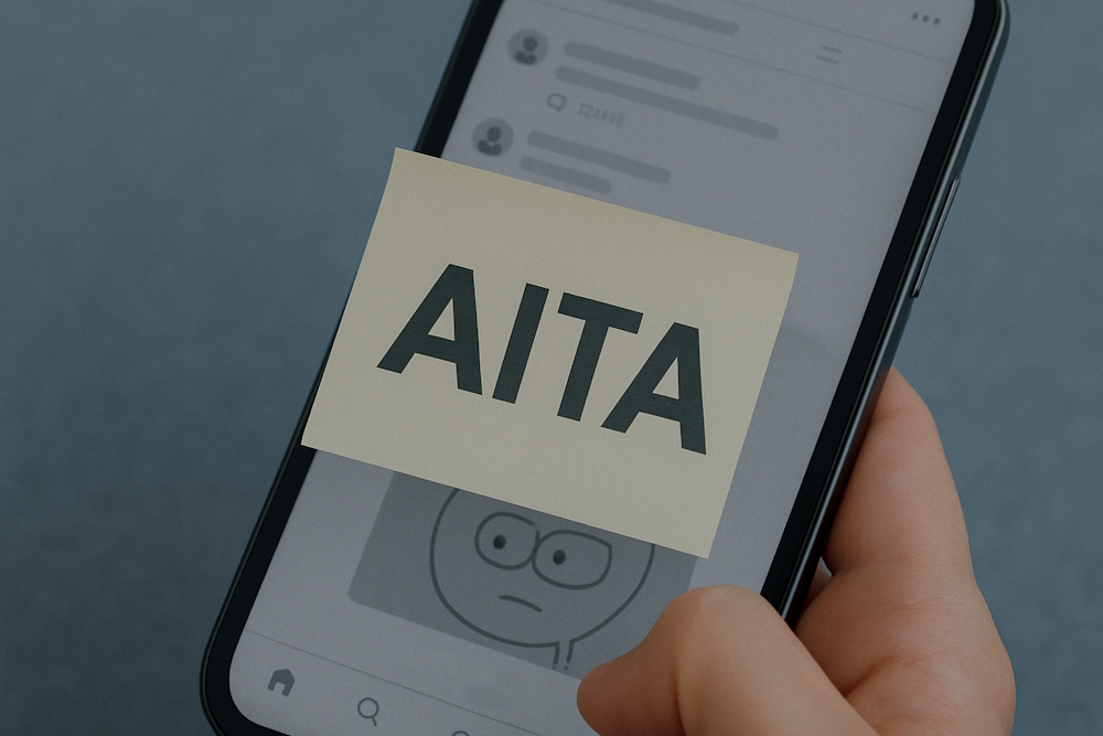 Handy mit Social-Media-Beitrag, darüber gelber Zettel mit der Aufschrift „AITA“