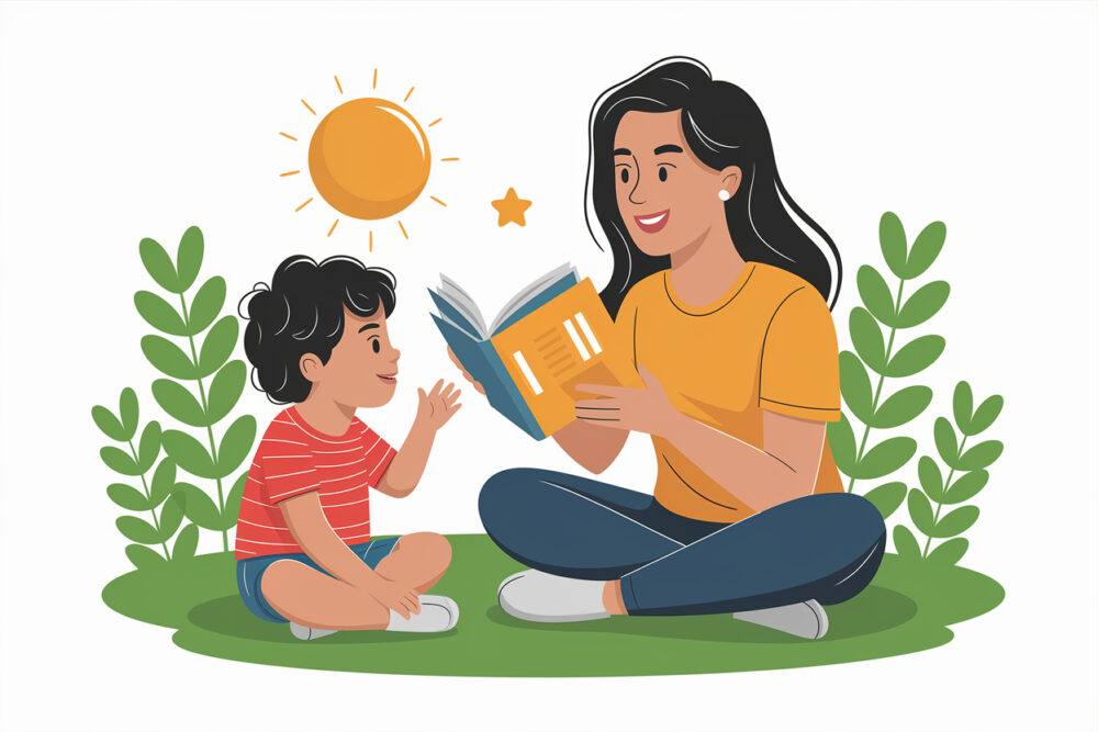 Eine Frau sitzt auf einer Wiese und liest einem kleinen Kind aus einem Buch vor, im Hintergrund leuchten Sonne und grüne Pflanzen – eine einladende Szene, die erklärt, was heißt ELI5.