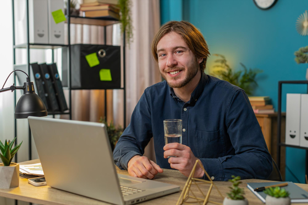 Ein lächelnder Mann sitzt an einem Schreibtisch mit einem Laptop und einem Glas Wasser in der Hand, passend zum Thema: Was heißt remote?