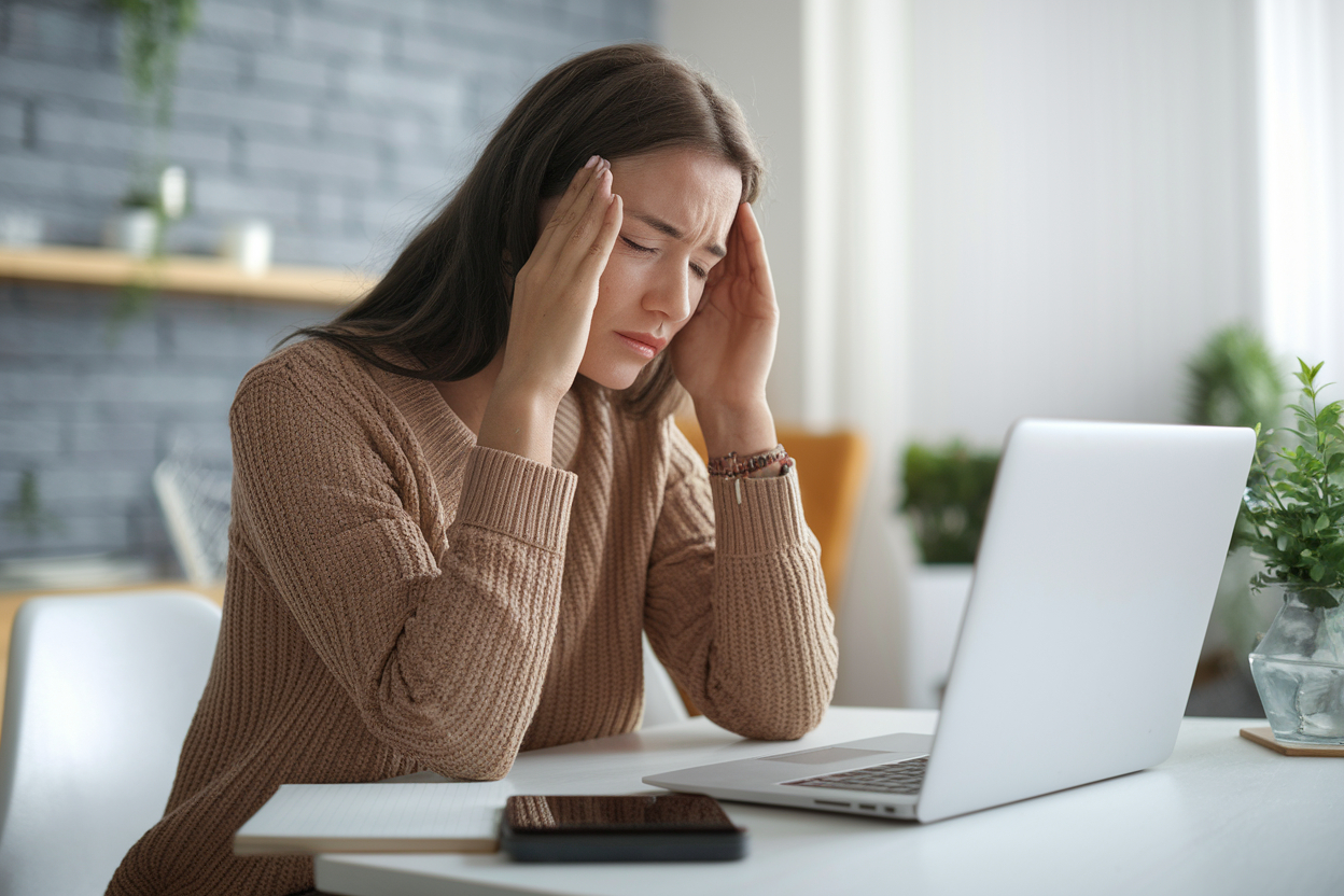 Junge Frau mit Migräne sitzt an einem Tisch am Laptop und hält sich die Schläfen.