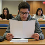 Junger Student hält ein Handout in der Hand