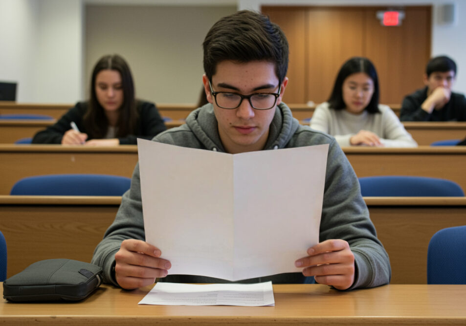 Junger Student hält ein Handout in der Hand