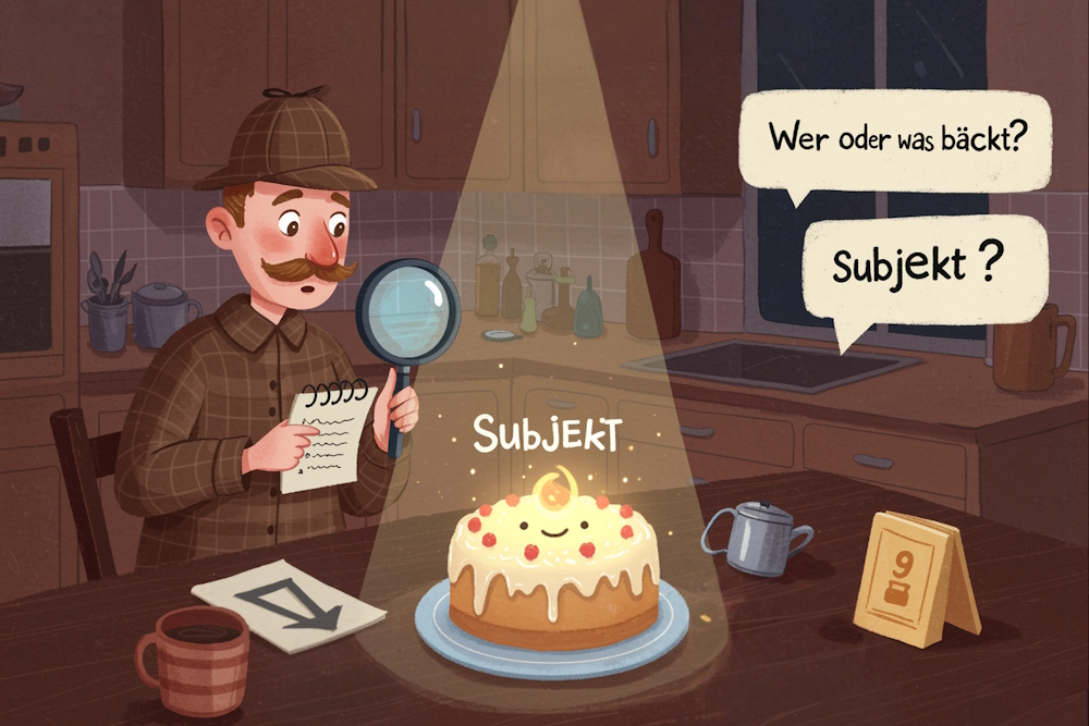 Eine humorvolle Illustration in einer dunklen Küche: Ein Detektiv mit Schnurrbart und klassischem Hut sitzt am Tisch, hält eine Lupe und einen Notizblock. Ein Kuchen im Scheinwerferlicht ist mit „Subjekt“ beschriftet. In einer Sprechblase steht „Wer oder was bäckt?“ sowie „Subjekt?“. Dieses Bild verdeutlicht spielerisch die Suche nach dem Subjekt in einem Satz.