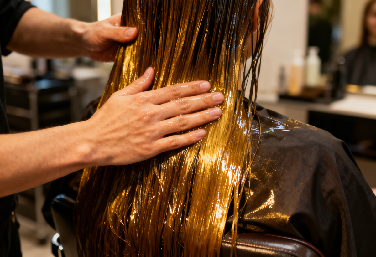 Was ist ein Glossing: Friseur trägt eine Glanzbehandlung auf nasses Haar im Salon auf.