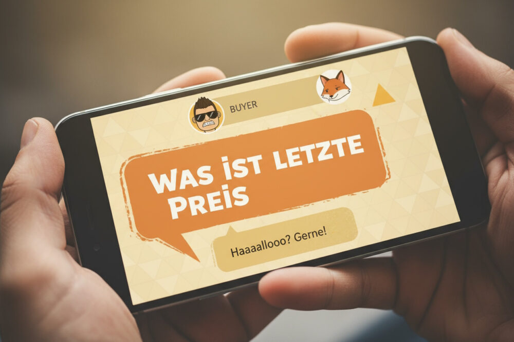 Smartphone gehalten im Querformat mit einem Chatverlauf mit prominenter Sprechblase: Was ist letzte Preis
