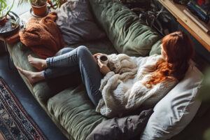 Frau mit rotem Haar liegt eingekuschelt mit Tee auf grünem Sofa, warmes Licht, Decke und Pflanzen - so fühlt sich ein Zuhause gemütlich und geborgen an.