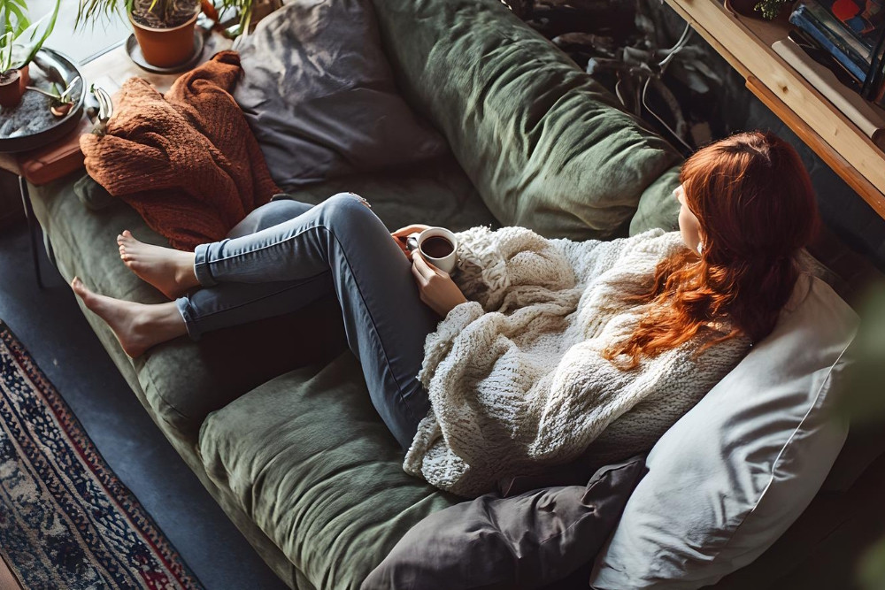 Frau mit rotem Haar liegt eingekuschelt mit Tee auf grünem Sofa, warmes Licht, Decke und Pflanzen - so fühlt sich ein Zuhause gemütlich und geborgen an.