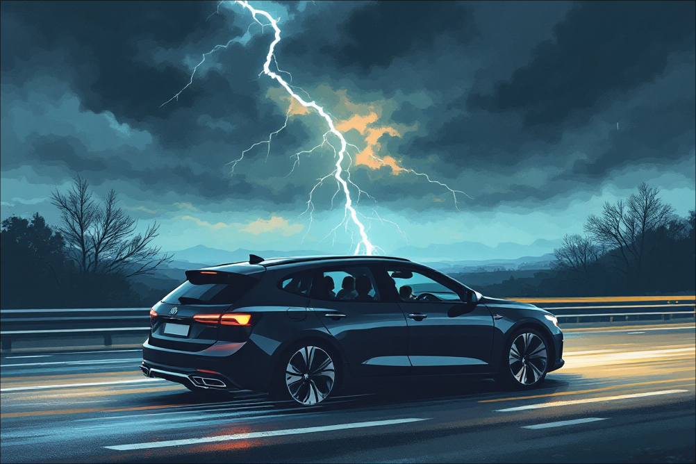 Auto fährt auf regennasser Straße, während ein greller Blitz am Himmel einschlägt – Symbolbild für die Schutzwirkung eines Autos bei einem Blitzeinschlag.