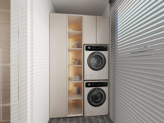 Waschmaschine und Trockner als platzsparende Wasch-Trocken-Säule in einer schmalen Nische
