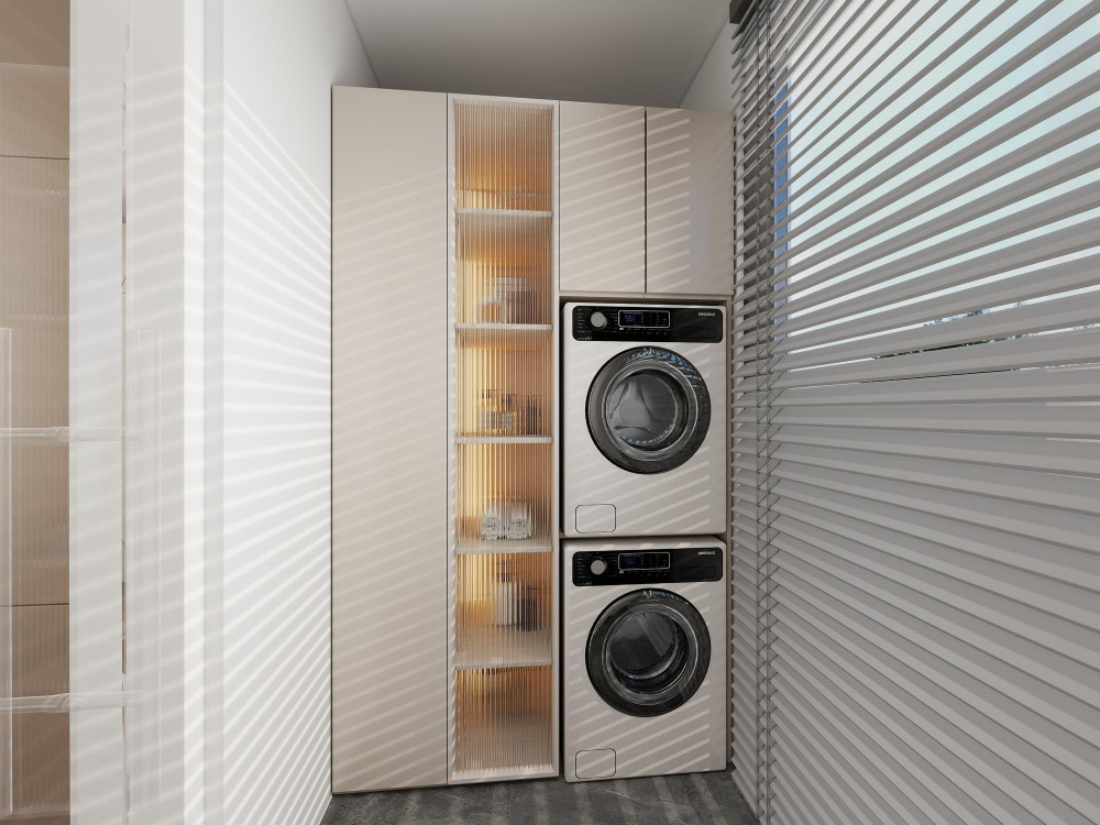 Waschmaschine und Trockner als platzsparende Wasch-Trocken-Säule in einer schmalen Nische