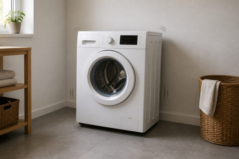 Weiße Waschmaschine steht frei auf einem Fliesenboden im Hauswirtschaftsraum