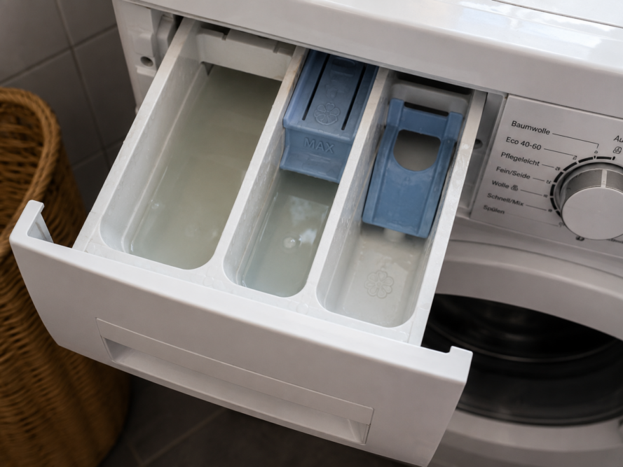 Geöffnete Waschmittelschublade einer Waschmaschine mit stehendem Wasser im Fach