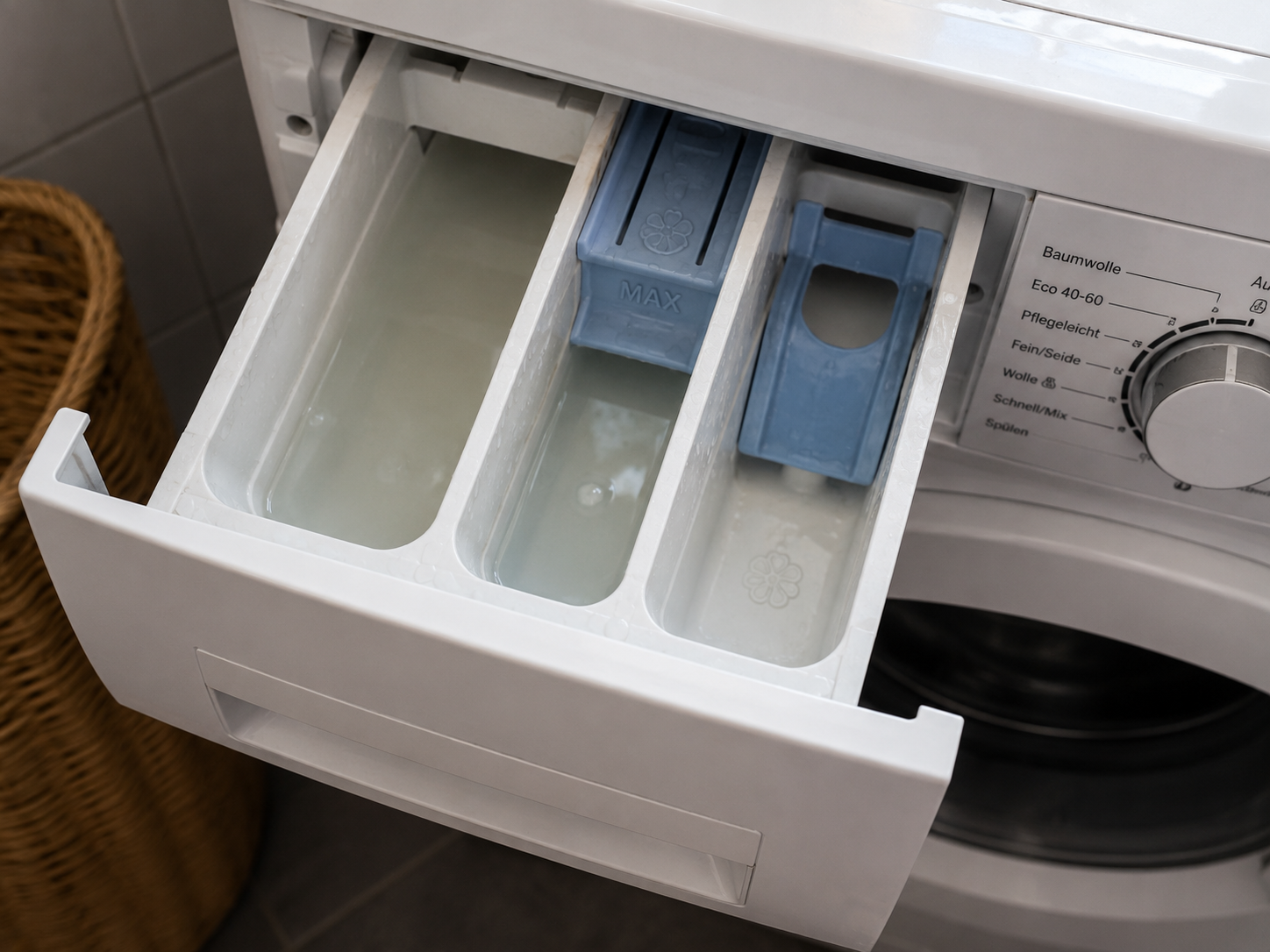 Geöffnete Waschmittelschublade einer Waschmaschine mit stehendem Wasser im Fach