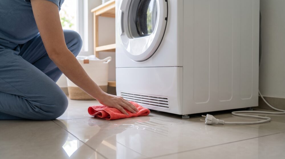 Eine Person nimmt eine kleine Wasserpfütze vor einem ausgeschalteten Wäschetrockner mit einem Tuch auf; der Netzstecker ist gezogen.